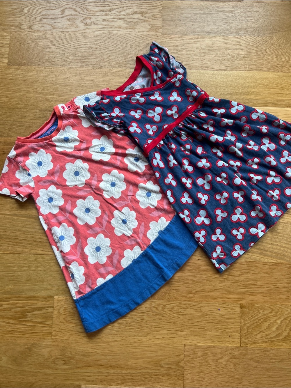 Mini Boden Coral Pink Floral Tee and Navy Patterned Short Sleeve Dress Set